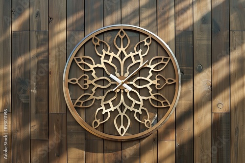 modern wall clock on wooden wall with islamic ornament 