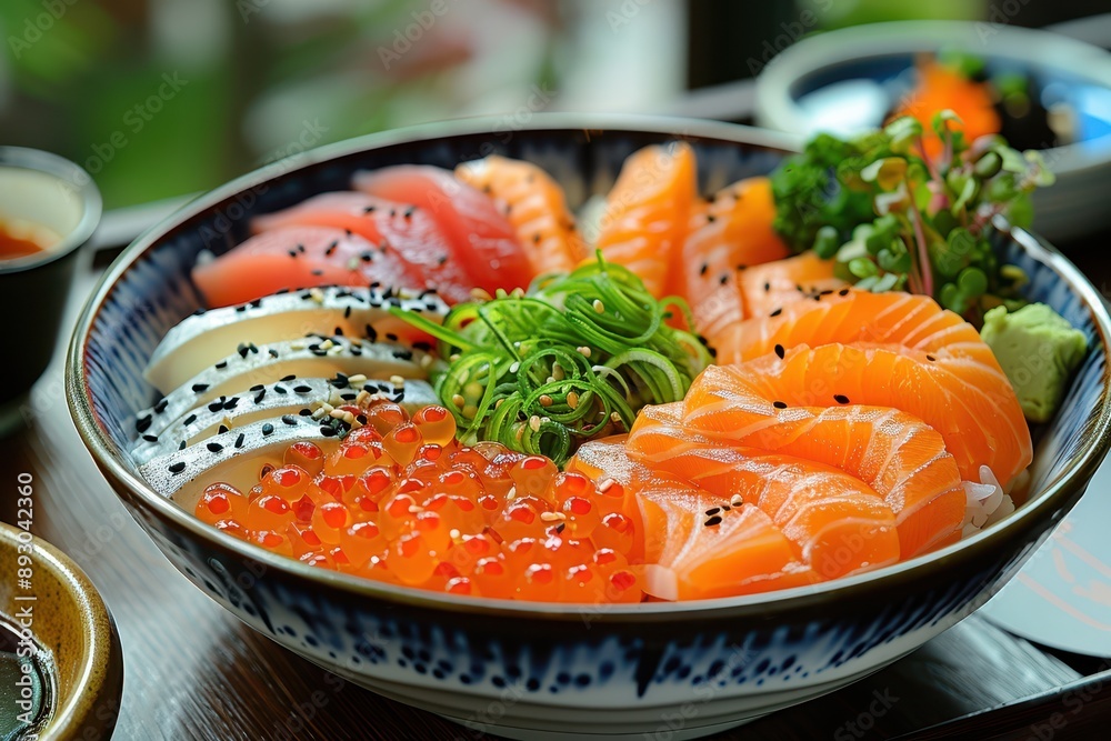 Delightful Chirashi Sushi Bowl with Fresh Sashimi and Sesame Seeds - Japanese Cuisine Delicacy Close-up Delightful Chirashi Sushi Bowl with Fresh Sashimi and Sesame Seeds - Japanese Cuisine Delicacy Close-up