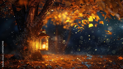 An autumn night scene with a lantern illuminating a tree adorned with yellow leaves, creating a warm and cozy atmosphere --ar 16:9 Job ID: 2b48fc90-42d3-4324-9606-eb5a902db67e photo