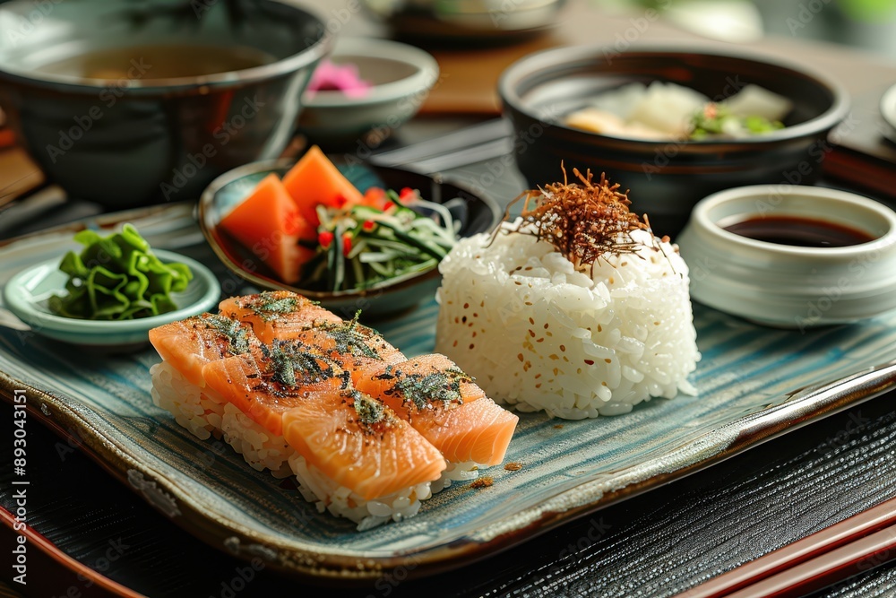 Authentic Japanese Dining Experience with Sashimi, Rice, and Green Tea on Tray Authentic Japanese Dining Experience with Sashimi, Rice, and Green Tea on Tray