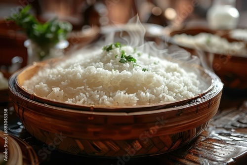 Aromatic Bamboo Rice Steamer with Steaming Hot Rice and Rising Steam photo