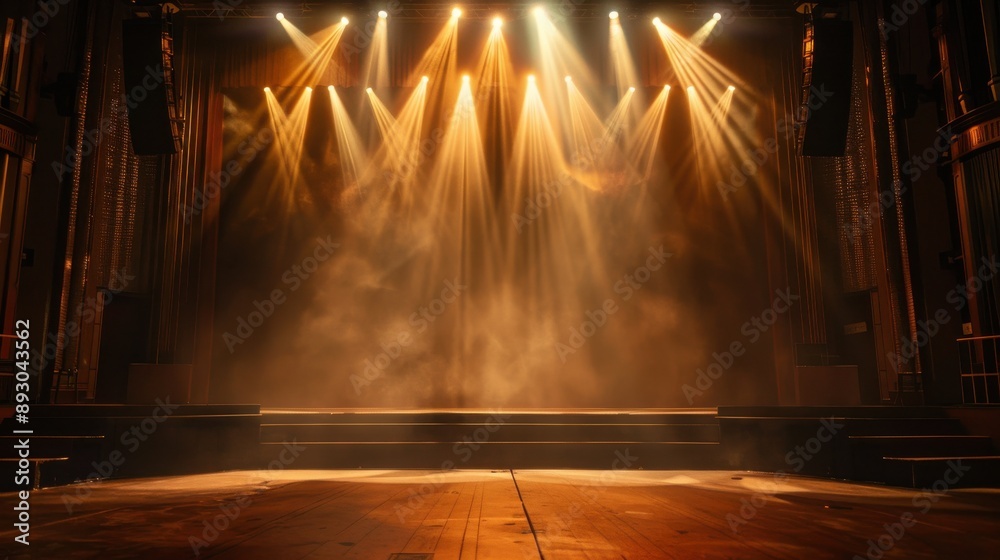 Obraz premium Glowing stage light illuminates an empty stage, creating a dramatic and atmospheric setting 