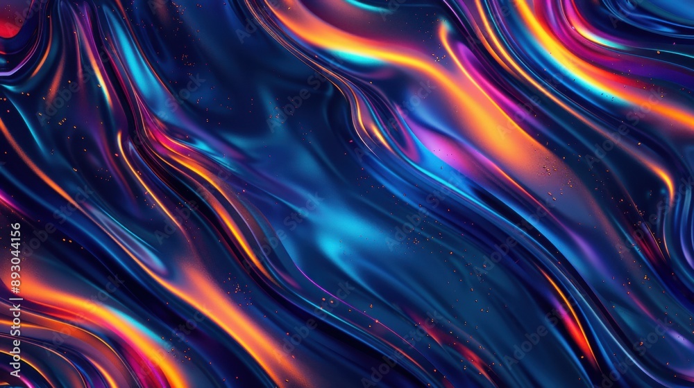 Fototapeta premium Vibrant holographic fluid waves on a dark background, creating a bold and eye-catching contrast 