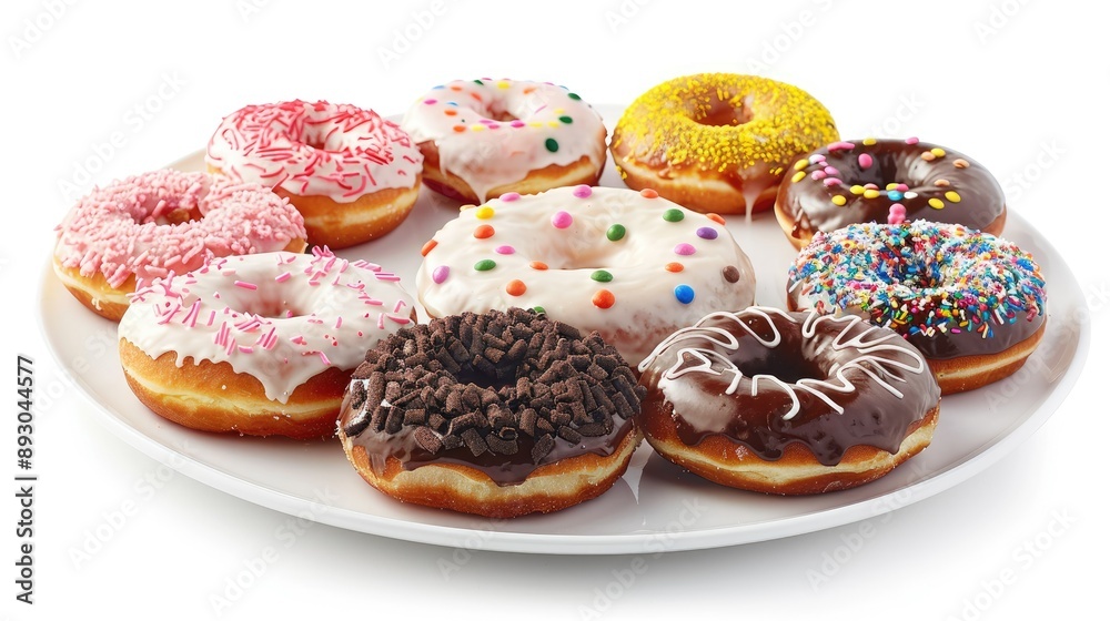 White plate with a variety of frosted donuts arranged neatly White plate with a variety of frosted donuts arranged neatly