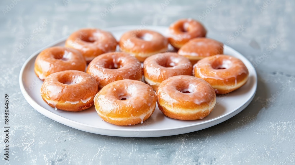 White plate with classic glazed donuts arranged in a circle White plate with classic glazed donuts arranged in a circle