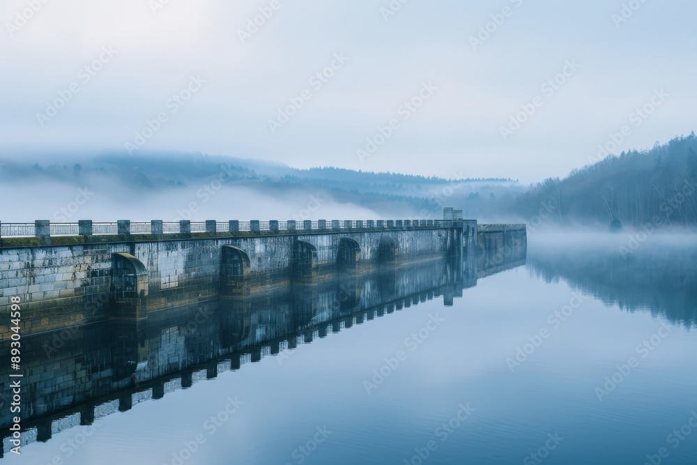 A serene, early morning view of a hydroelectric dam with calm waters and a layer of fog hovering above the reservoir