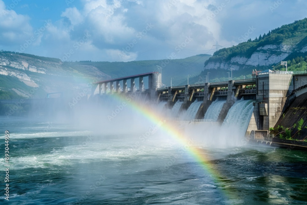 A picturesque view of a hydroelectric dam with a rainbow forming in the mist created by the flowing water A picturesque view of a hydroelectric dam with a rainbow forming in the mist created by the flowing water