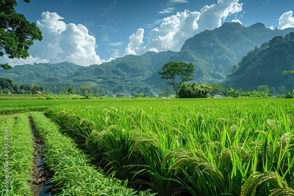 Tranquil Vista of Rice Field and Mountain Range - Idyllic Natural Landscape with Scenic Beauty