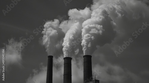 Toned monchrome image with billowing smoke coming from two chimneys. Please note that limited film grain has been added during image processing