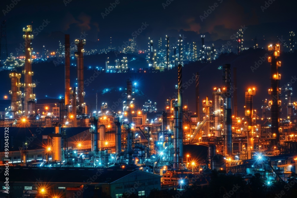 A night shot of an oil refinery illuminated by bright lights, emphasizing the scale and complexity of the facility A night shot of an oil refinery illuminated by bright lights, emphasizing the scale and complexity of the facility