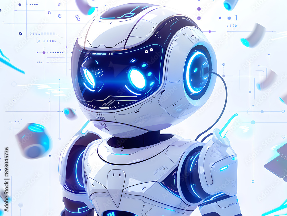 Fototapeta premium A white machine resembling a fictional character, with electric blue eyes and headphones, stands in front of a white background, showcasing automotive design and futuristic gadgetry