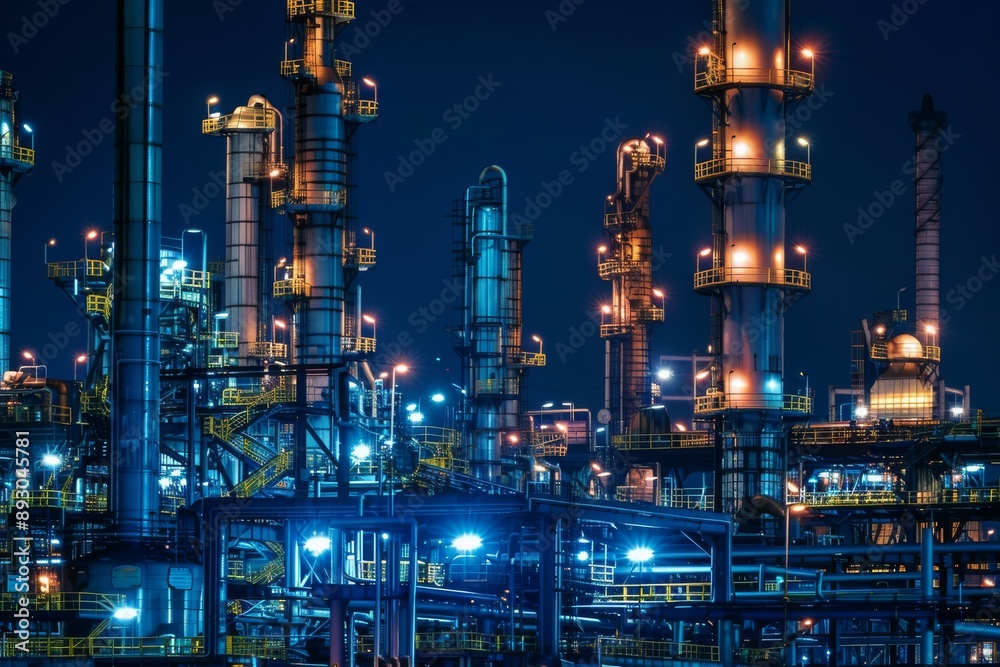 A night shot of an oil refinery illuminated by bright lights, emphasizing the scale and complexity of the facility A night shot of an oil refinery illuminated by bright lights, emphasizing the scale and complexity of the facility