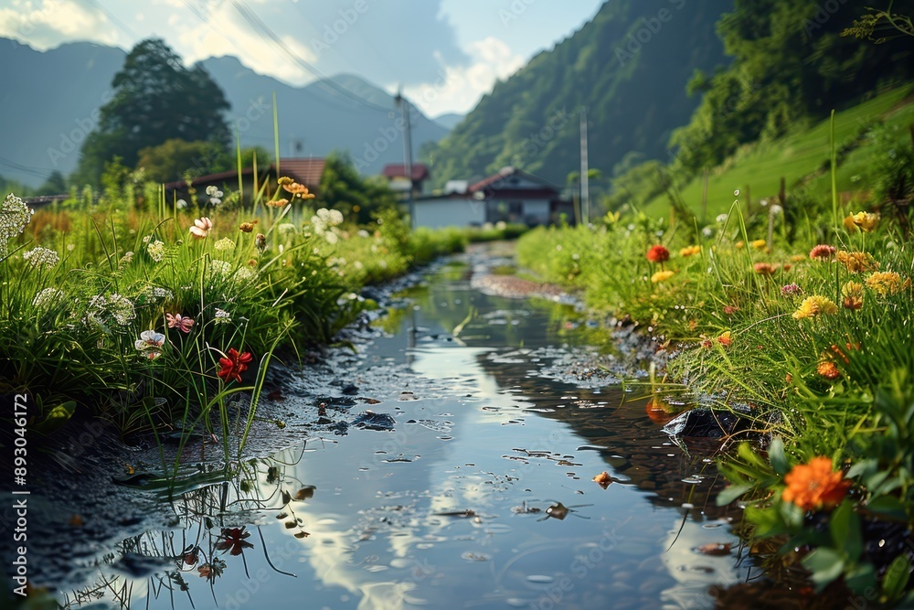 Fototapeta premium Vibrant Wildflowers Adorning a Serene Rice Field Landscape