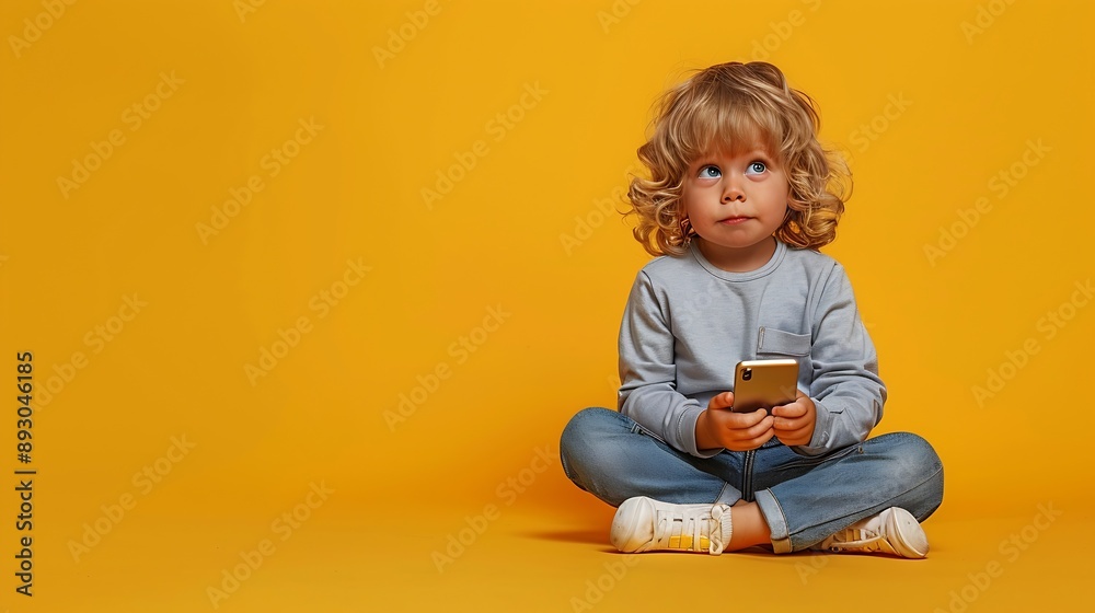 Horizontal photo of little handsome kid with blonde hair in casual clothes looking away while sitting with crossed legs on studio floor holding smartphone isolated over yellow backgrou : Generative AI Horizontal photo of little handsome kid with blonde hair in casual clothes looking away while sitting with crossed legs on studio floor holding smartphone isolated over yellow backgrou : Generative AI