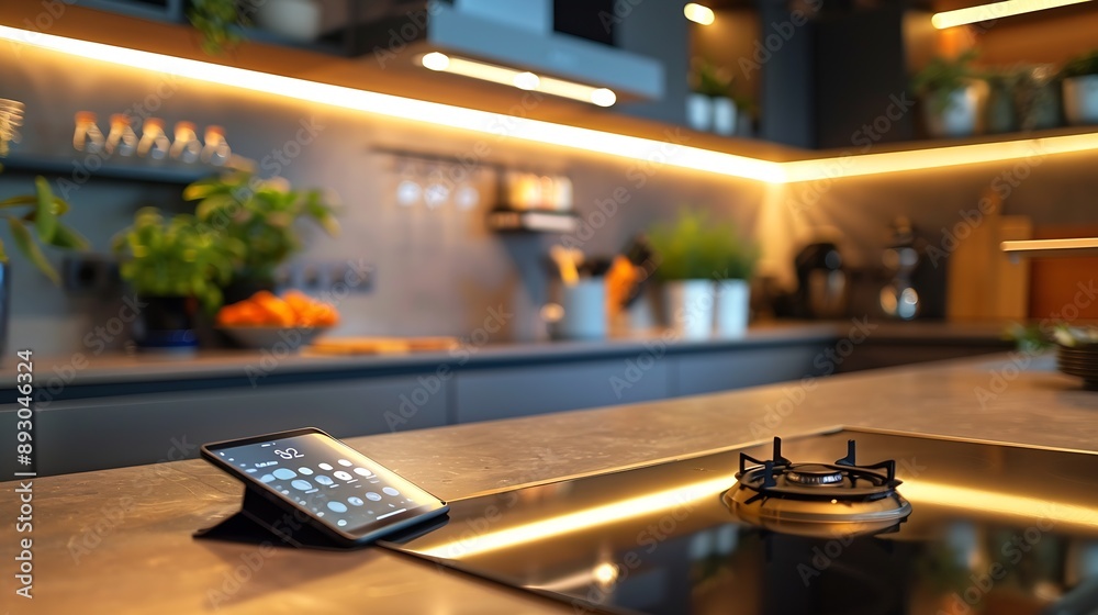 A modern kitchen interior features a smart home tablet : Generative AI A modern kitchen interior features a smart home tablet : Generative AI