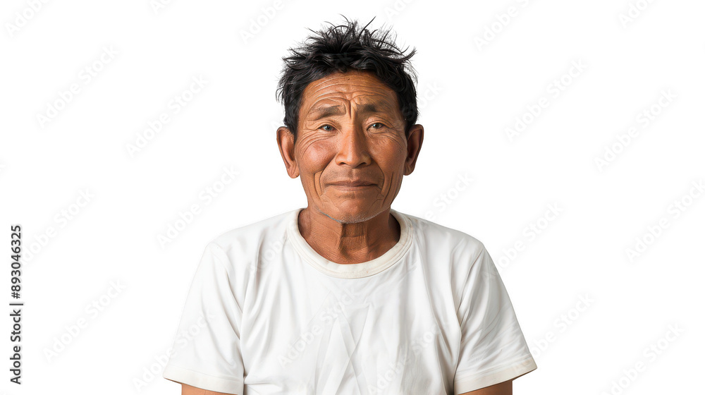 Half body portrait of a gentle Nepalese sherpa in his 40s in a white T-shirt Half body portrait of a gentle Nepalese sherpa in his 40s in a white T-shirt