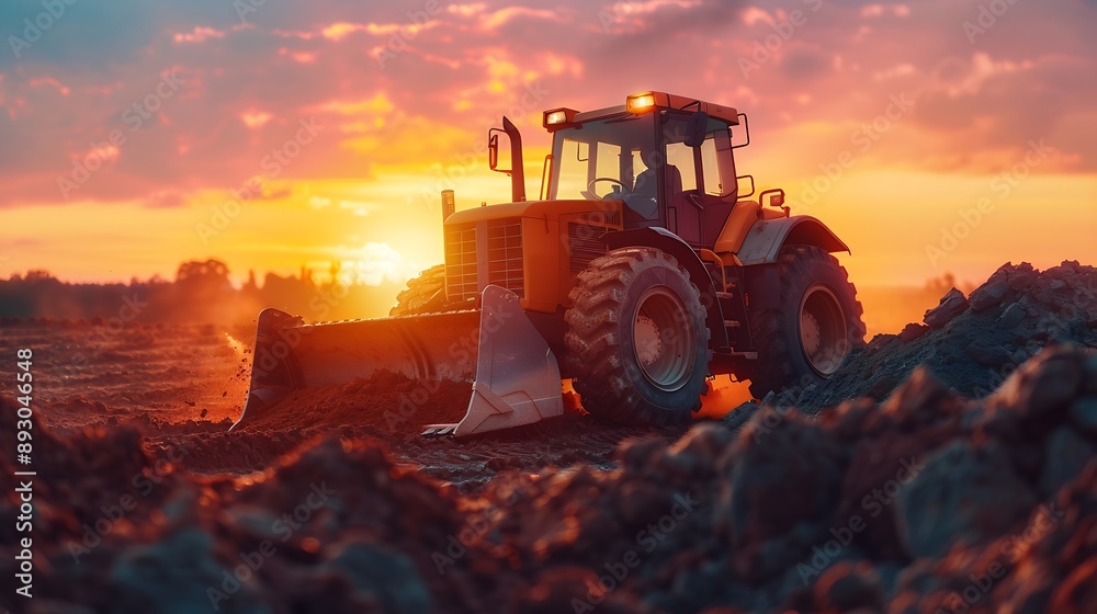 Obraz premium Wheel loader are digging the soil in construction site on sunset background : Generative AI