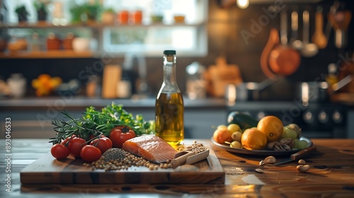 Different products on wooden table in kitchen Healthy food and balanced diet : Generative AI