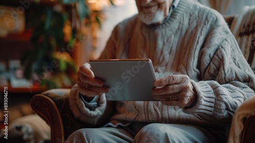 Senior man nurse and tablet for diagnosis in home healthcare and talking on recovery treatment Caregiver consulting and old person with disability cane and planning for medical rehabil : Generative AI photo