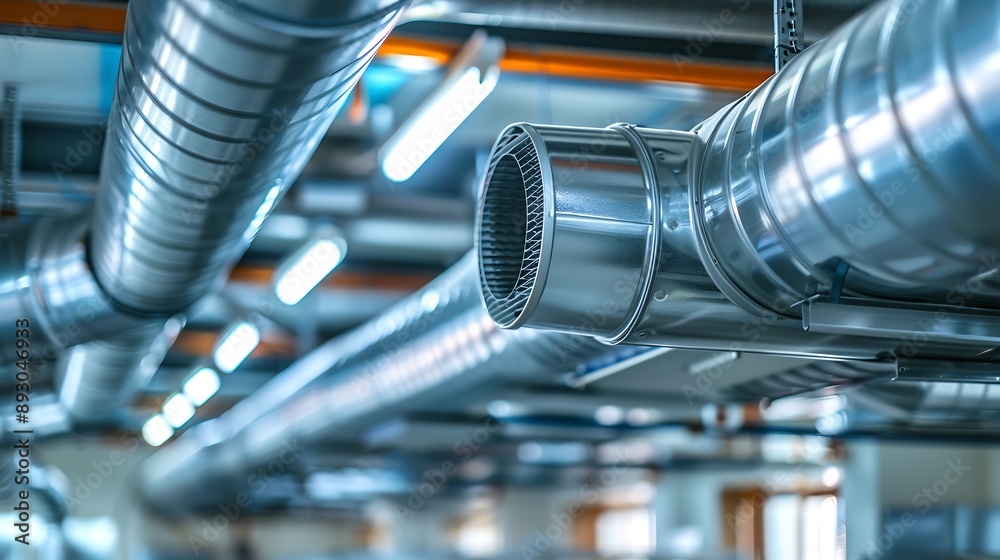 Obraz premium Ventilation industrial equipment Pipes for air purification in production Ventilation in restaurant kitchens Galvanized air hoods under ceiling Metal ventilation ducts Cafe kitchen equ : Generative AI