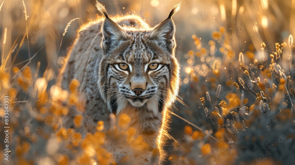 Fototapeta premium A Close up of a Lynx Walking Through a Field of Wildflowers - Generative AI