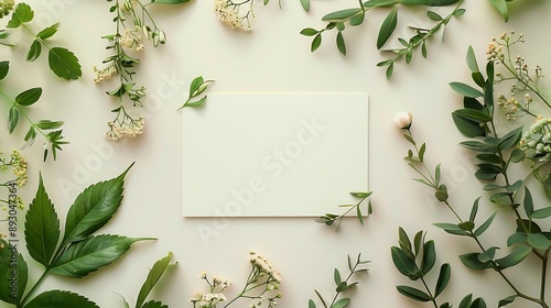Blank minimalistic card mockup with botanical decoration top view with copy space : Generative AI