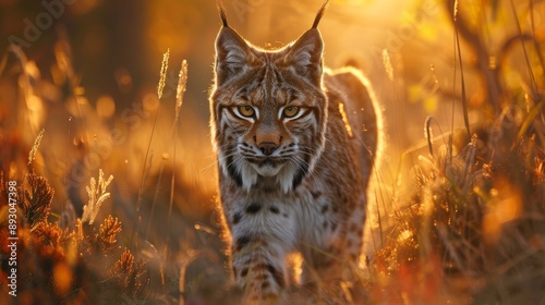 A Close up of a Lynx Walking Through Tall Grasses in the Sun - Generative AI