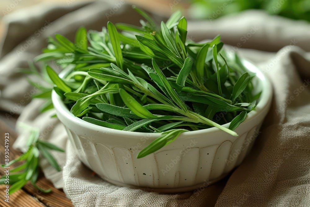 Fresh Tarragon Leaves in White Ceramic Bowl on Wooden Table with Linen Cloth - Aromatic Herb Still Life Concept Fresh Tarragon Leaves in White Ceramic Bowl on Wooden Table with Linen Cloth - Aromatic Herb Still Life Concept