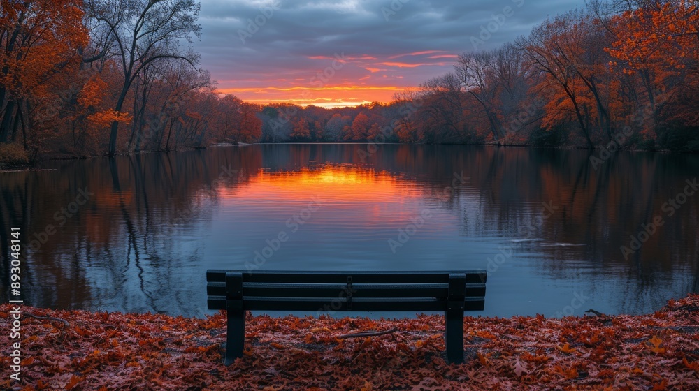 A Bench Sits in Front of a Body of Water With Leaves on the Ground - Generative AI A Bench Sits in Front of a Body of Water With Leaves on the Ground - Generative AI
