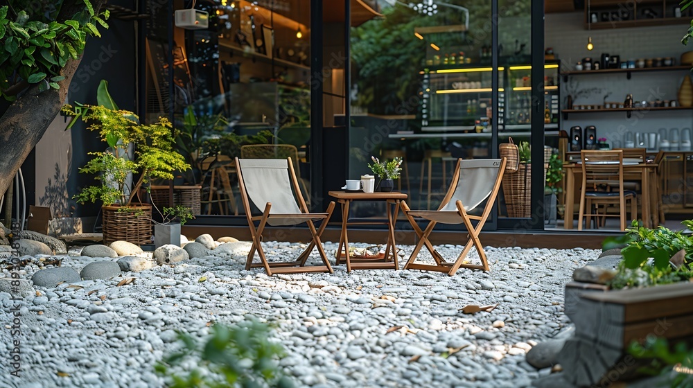 custom made wallpaper toronto digitalThe couple picnic chair on the white pebble floor in front of the small coffee shop front view with the copy space : Generative AI