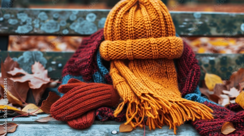 A close-up of a bright orange knit hat, scarf, and mittens resting on a wooden park bench surrounded by fallen autumn leaves. The knitwear appears to be handmade and has a rustic, cozy feel. A close-up of a bright orange knit hat, scarf, and mittens resting on a wooden park bench surrounded by fallen autumn leaves. The knitwear appears to be handmade and has a rustic, cozy feel.