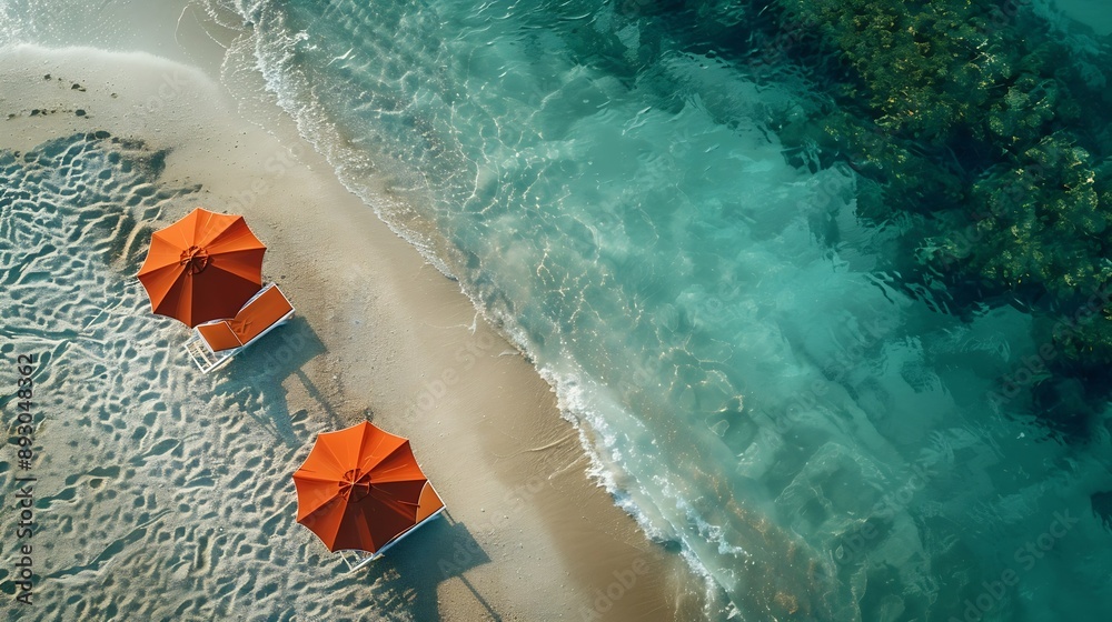 Fototapeta premium Aerial view of amazing beach with umbrellas and lounge chairs beds close to turquoise sea Top view of summer beach landscape idyllic inspirational couple vacation romantic holiday Free : Generative AI