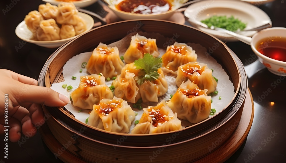 Shumai shrimp with sauce, steamed shrimp dumpling dim sum and vegetables on wooden table, Cantonese dim sum cuisine breakfast, Chinese traditional food. Shumai shrimp with sauce, steamed shrimp dumpling dim sum and vegetables on wooden table, Cantonese dim sum cuisine breakfast, Chinese traditional food.