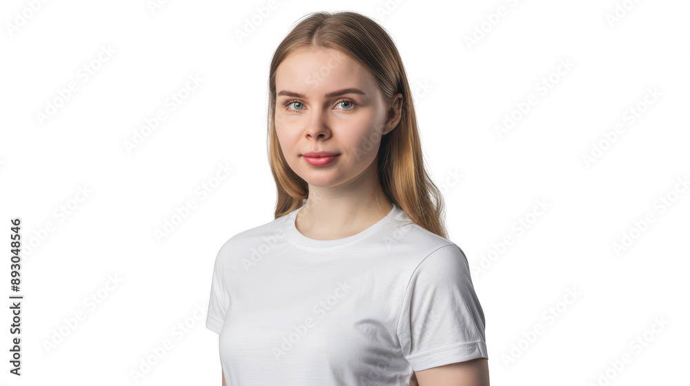 Half body portrait of a focused Estonian programmer in her 20s in a white T-shirt Half body portrait of a focused Estonian programmer in her 20s in a white T-shirt