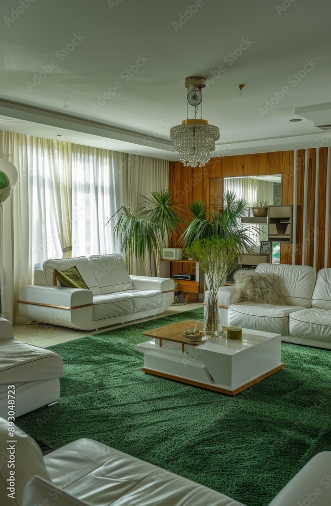 Interior of modern living room with white sofa and green carpet. Interior of modern living room with white sofa and green carpet.