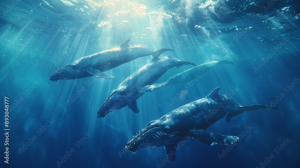 Three Humpback Whales Swimming in the Ocean With Sunlight Shining on Their Backs and Dorsal Fins - Generative AI