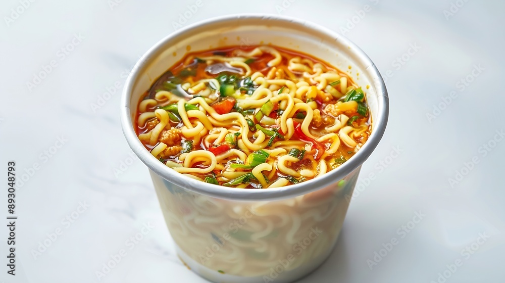 Instant Noodles in Disposable Cup on White Background Top View Asian Fast Food Quick Lunch : Generative AI Instant Noodles in Disposable Cup on White Background Top View Asian Fast Food Quick Lunch : Generative AI