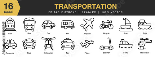 Set of 16 Transportation icon set. Editable Stroke Icon Collection. Includes airplane, car, boat, scooter, van, ferry, helicopter, and More. Outline icons vector collection.