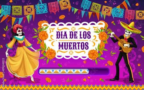 Day of the dead Mexican holiday loading bar. Dia de los muertos celebratory vector background with scale, dancing Catrina, mariachi playing guitar, papel picado banners and marigolds tagetes blooms