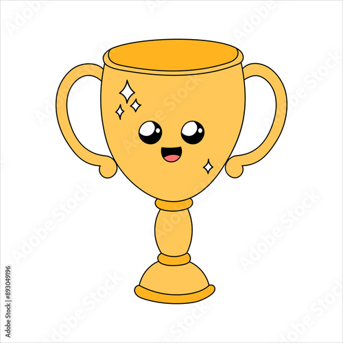 Cute winner cup vector doodle illustration. Golden prize, award for first place. Smiling champion cup character with face. Golden goblet outline hand drawn isolated element