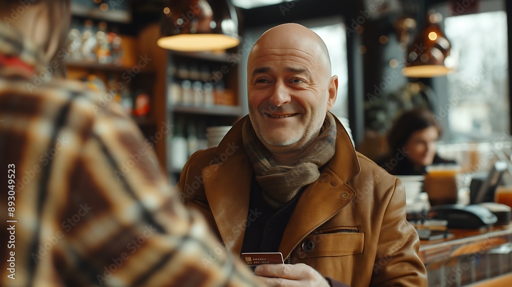 Happy mature business man paying bill using a contactless credit card in a restaurant Handsome mid adult male customer smiling holding a creditcard and giving a payment transaction to : Generative AI Happy mature business man paying bill using a contactless credit card in a restaurant Handsome mid adult male customer smiling holding a creditcard and giving a payment transaction to : Generative AI
