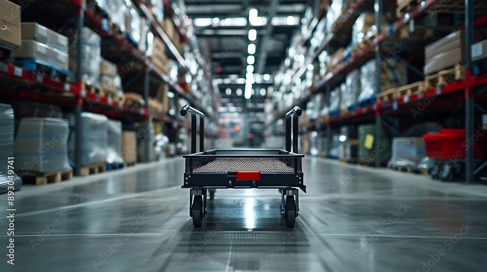 Empty platform hand truck standing in warehouse of construction hypermarket or garden store ready to transport goods : Generative AI Empty platform hand truck standing in warehouse of construction hypermarket or garden store ready to transport goods : Generative AI