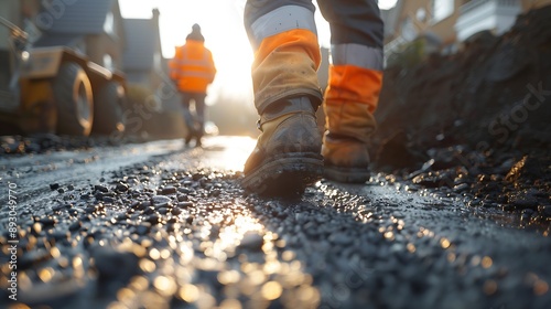 roadworkers in hiviz and boots laying hot tarmac new road surface on residential housing development site : Generative AI photo