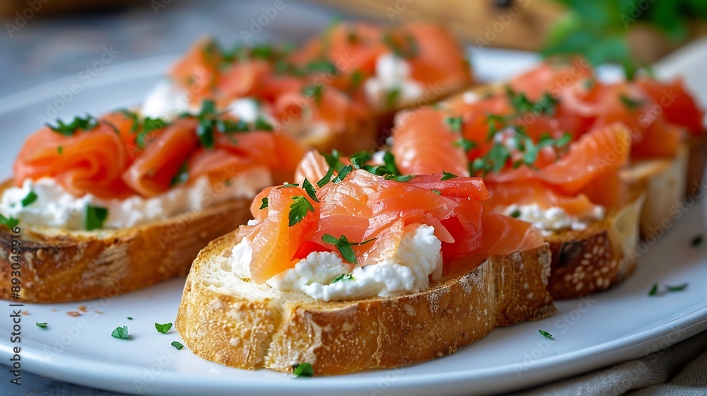 Bruschetta with smoked trout slices and cream cheese on baguette on white plate Top view : Generative AI Bruschetta with smoked trout slices and cream cheese on baguette on white plate Top view : Generative AI