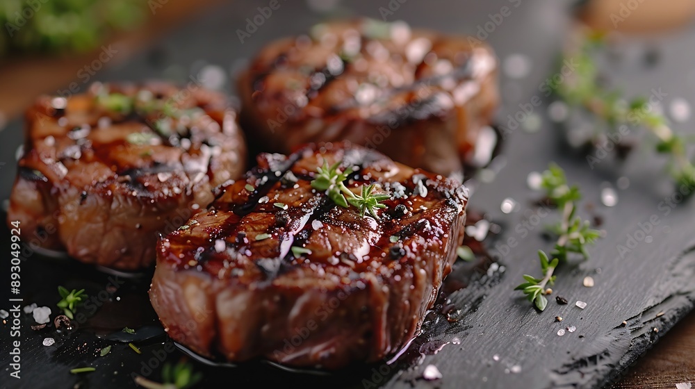 Barbecue dry aged wagyu ribeye beef steaks with herb and black salt served as closeup on a black board with copy space right : Generative AI Barbecue dry aged wagyu ribeye beef steaks with herb and black salt served as closeup on a black board with copy space right : Generative AI