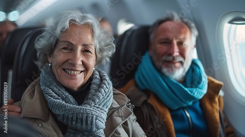 Ready for a romantic holiday Smiling senior couple holding hands on an airplane heading overseas : Generative AI