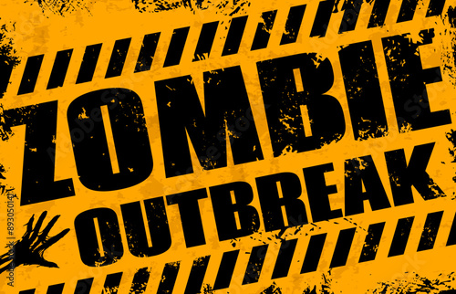 Zombie outbreak warning caution sign for Halloween monster apocalypse, vector grunge banner. Halloween holiday horror night and trick or treat party poster with zombie hand for danger zone warning