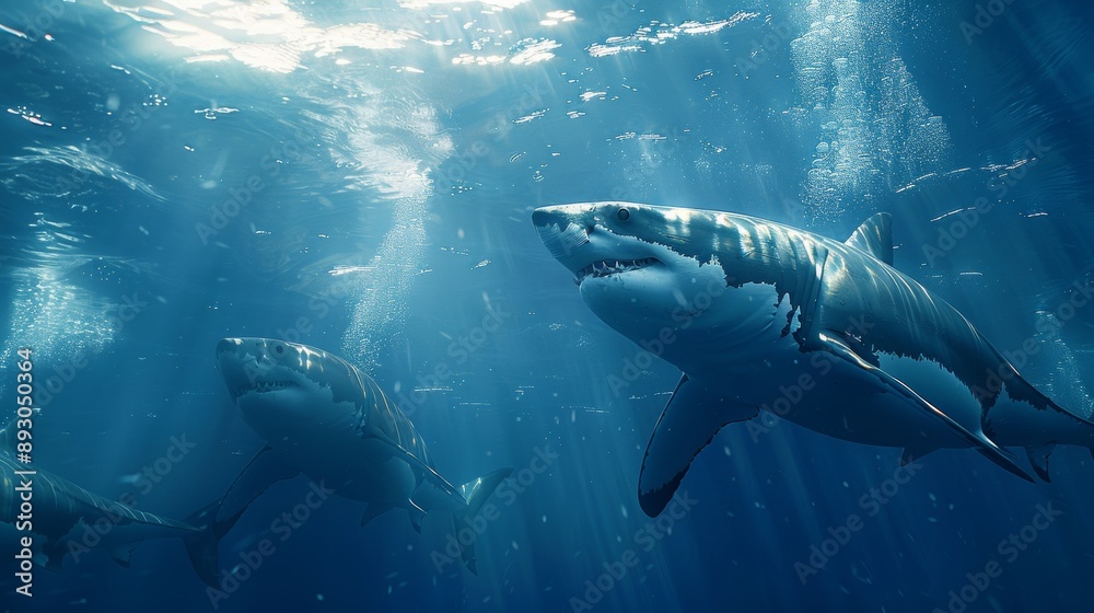 Fototapeta premium Three Great White Sharks Swimming in the Ocean Under the Blue Sky and Sunbeams - Generative AI