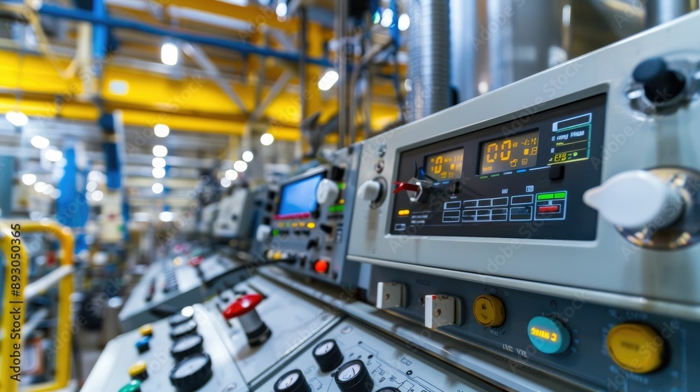 Control panel with digital displays and switches in a factory Control panel with digital displays and switches in a factory