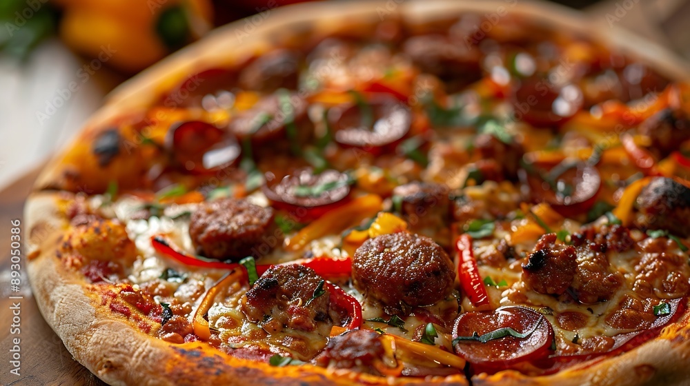 Homemade Hot Supreme PIzza with Pepperoni Peppers and Sausage : Generative AI Homemade Hot Supreme PIzza with Pepperoni Peppers and Sausage : Generative AI